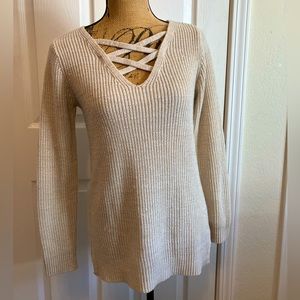 Arizona Oatmeal Marl ls knit criss cross front cream acrylic sweater Spring S
